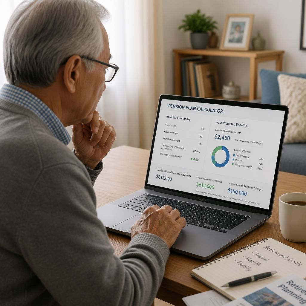 Persona mayor calculando ahorros del plan de pensiones en casa con portátil